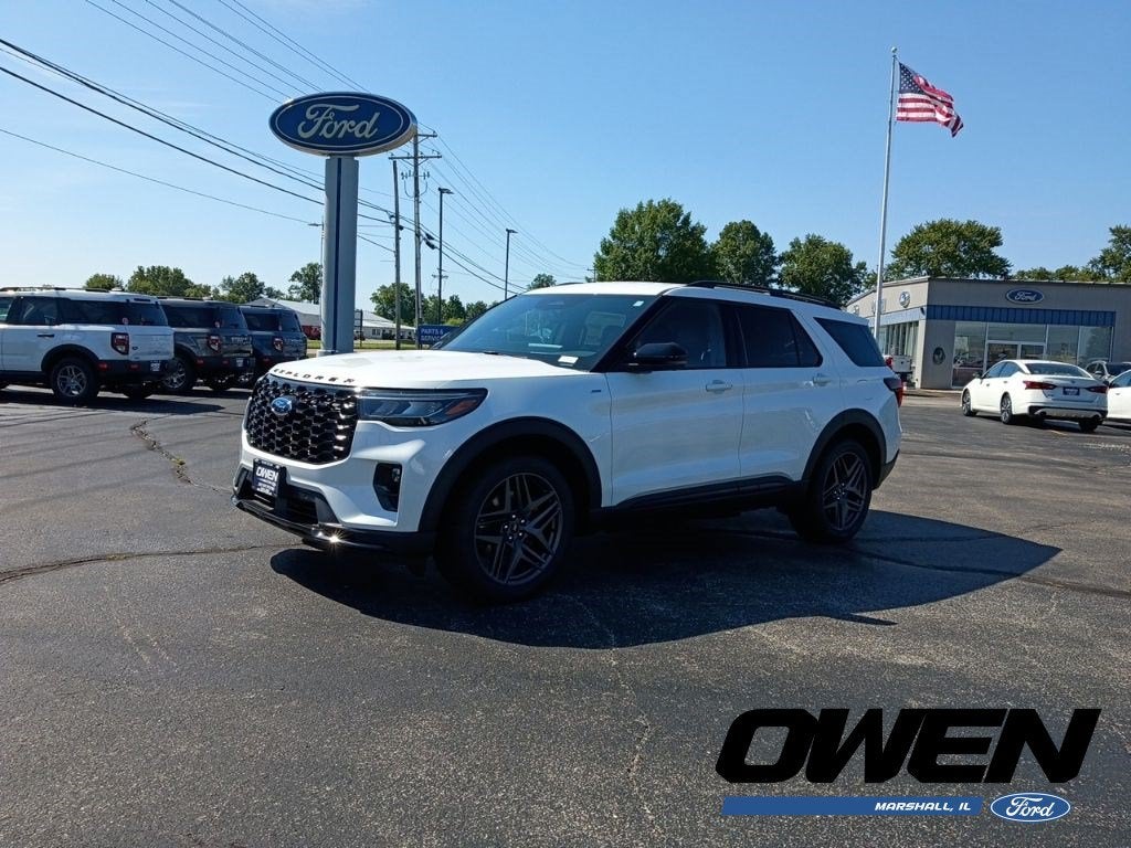 2026 Ford Explorer ST-Line in Star White Metallic Tri-Coat — front three-quarter view